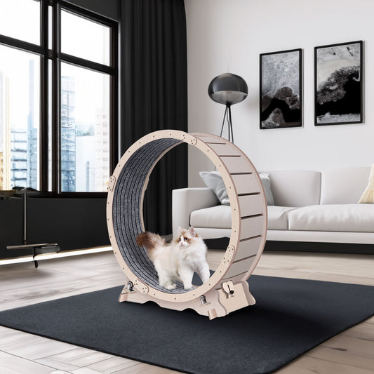 Cat Exercise Wheel for Indoor Cats, Cat Running Wheel with Carpeted Runway, 41" Natural Wood Color